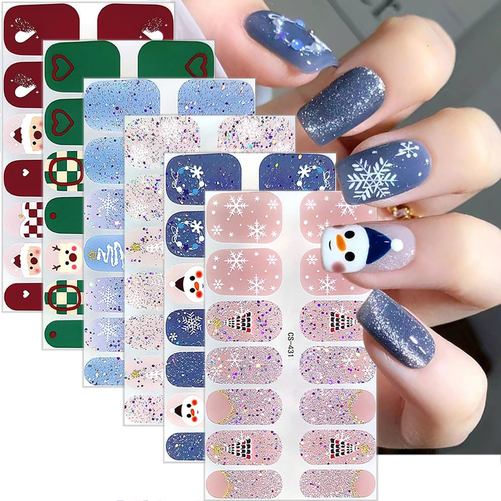 6 Sheets Christmas Nail Wraps Gel Nail Stickers 3D Christmas Nail Polish Strips Winter Xmas Tree Santa Claus Reindeer Designs Gel Nail Strips White Glitter Snowflake Full Warps for Women Holiday Decor