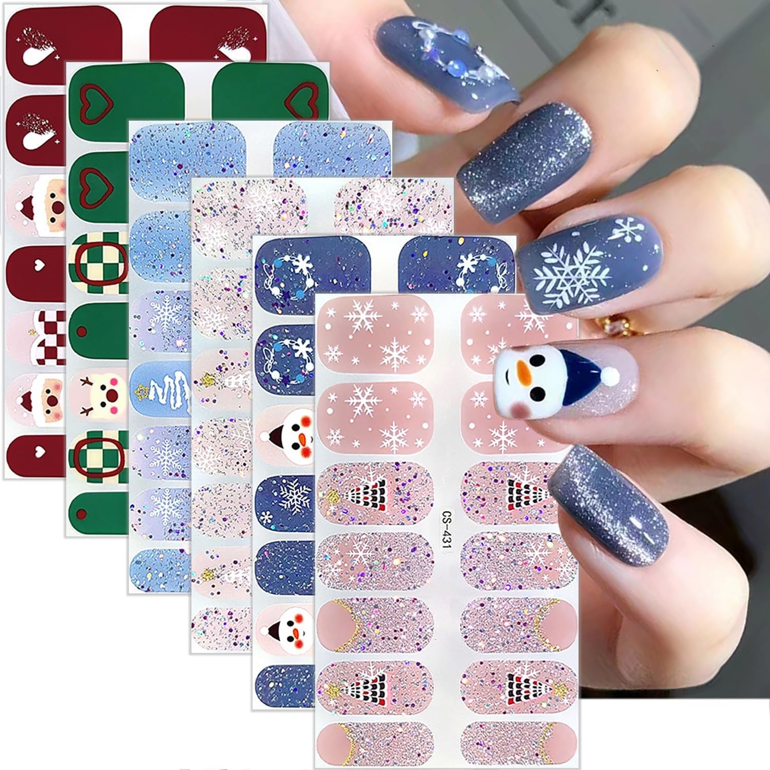 6 Sheets Christmas Nail Wraps Gel Nail Stickers 3D Christmas Nail Polish Strips Winter Xmas Tree Santa Claus Reindeer Designs Gel Nail Strips White Glitter Snowflake Full Warps for Women Holiday Decor