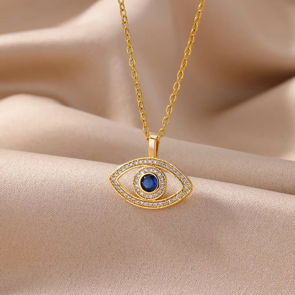Zircon Evil Eye Pendant Necklace for Women Stainless Steel Lucky Turkish Demon Eye Necklaces 2023 New Trend Aesthetic Jewerly
