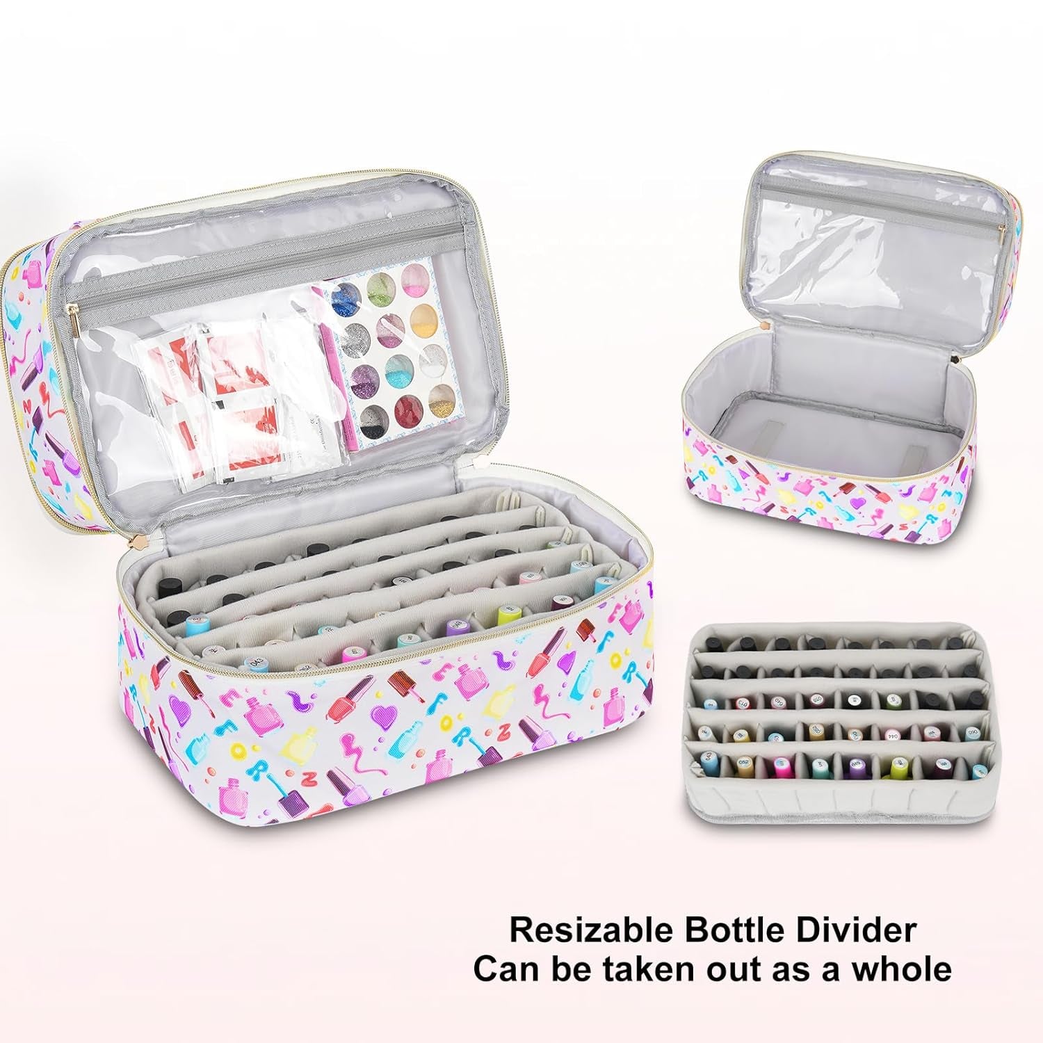 Nail Polish Organizer,Nail Organizers and Storage for Nail Tech,Nail Polish Carrying Case Bag Holds 40 Bottles and Nail Lamp,Portable Nail Polish Holder for Nail Supplies,Nail Polish Print Pattern