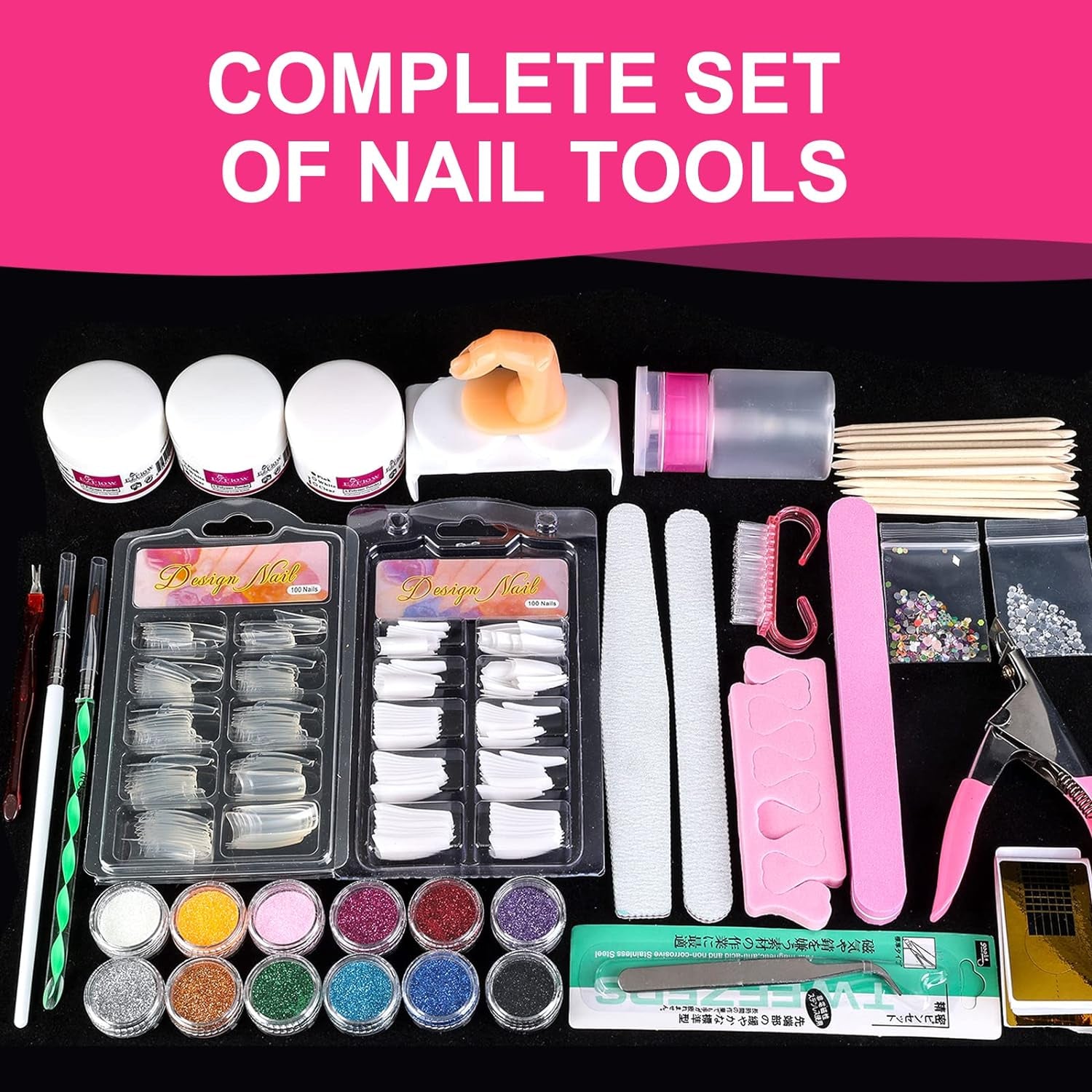 Nail Kit Set Professional Acrylic with Everything, 12 Glitter Acrylic Powder Kit Nails Art Tips Decoration, DIY Nail Art Tool and Supplies for Beginners