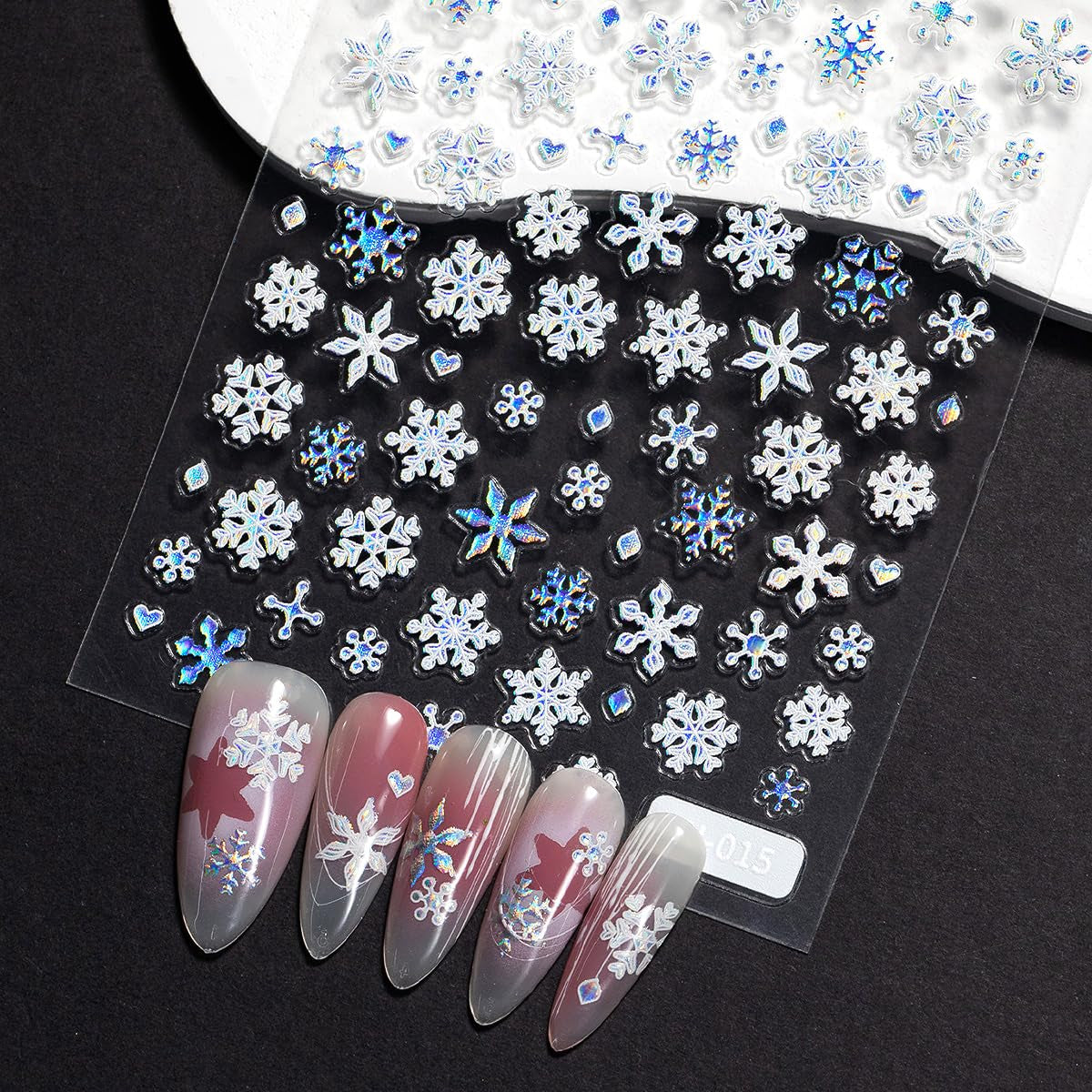 5D Embossed Christmas Laser Nail Stickers - Holographic Blue White Snowflake Self-Adhesive Decals for Winter Bronzing Nail Art Kit
