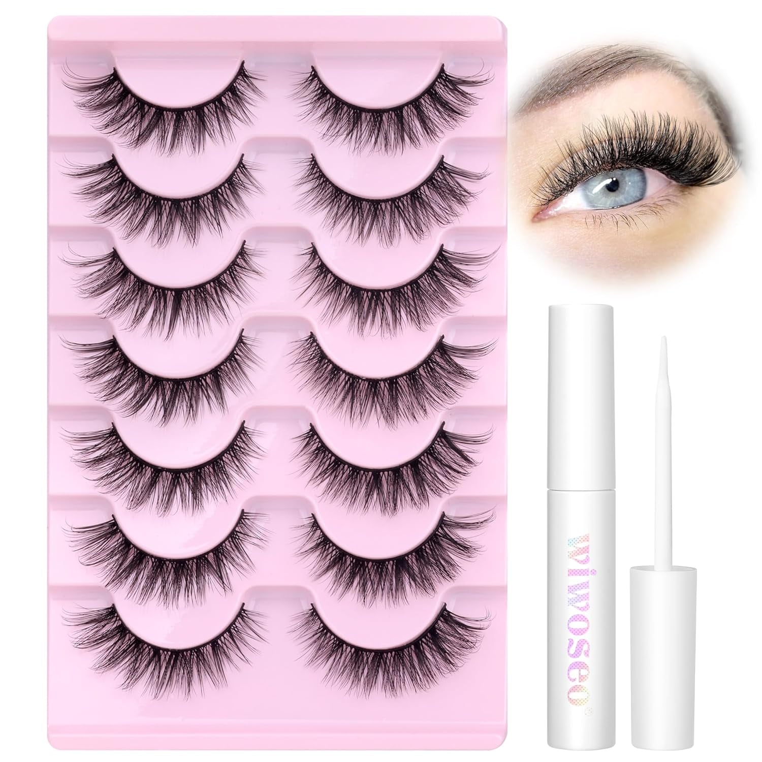 Wispy Lashes Natural Look False Eyelashes with Lash Glue Cat Eye Lashes Kit Lashes Extension with Eyelash Glue Short Lashes Pack, 7 Pairs with Clear Lash Glue by