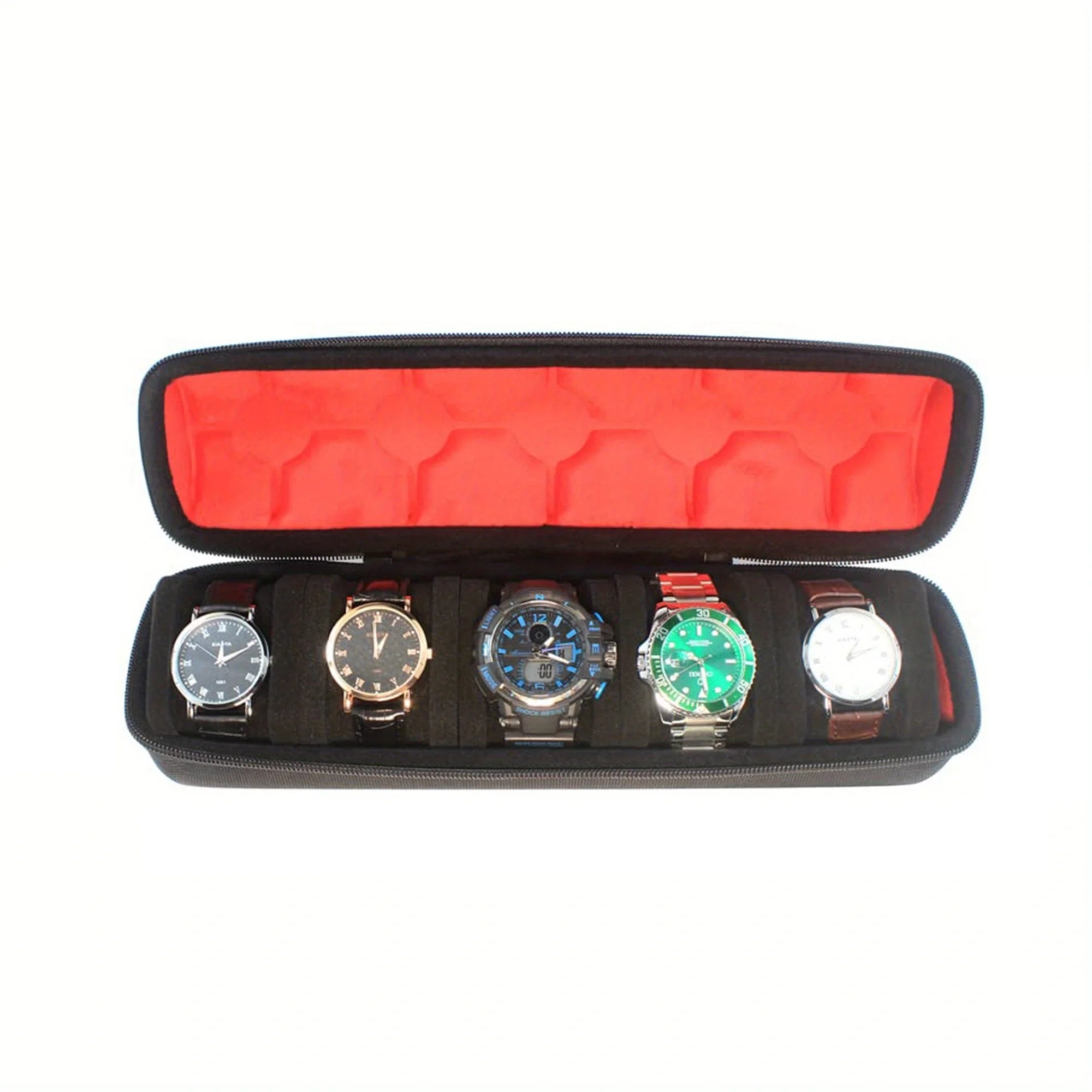 2/3/5 Slots Watch Travel Case,Hard Watch Roll, Travel Watch Organizer Case with Form-Fitting Pillow, Red Microfiber Lining