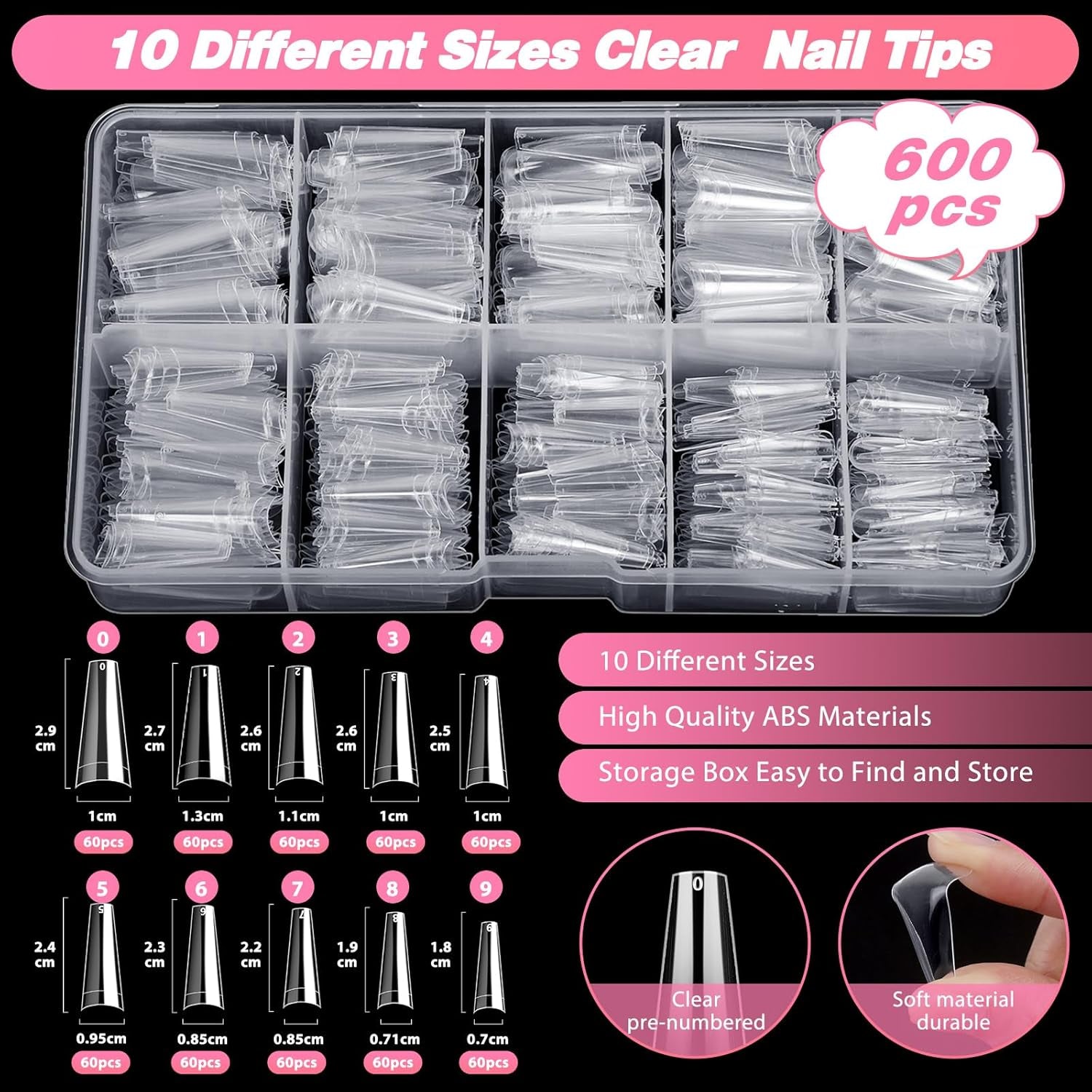 600PCS Clear Coffin Nail Tips Set - Clear Nail Tips for Acrylic Nails French Half Cover Fake Nail Tips Kit with Nail Glue, Nail Display Stand, Clipper, Cuticle Pusher Remover, Nail File and Buffer