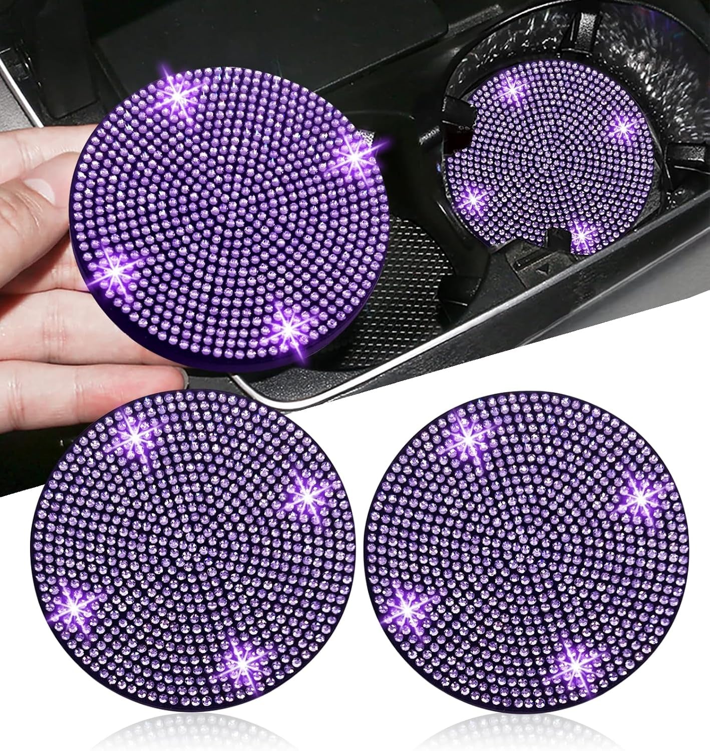 2Pcs Bling Car Cup Holder Coaster, 2.75 Inch Anti-Slip Shockproof Universal Car Coasters Insert Bling Crystal Rhinestone Automotive Interior Accessories for Women (2 Pcs, Purple Violet)
