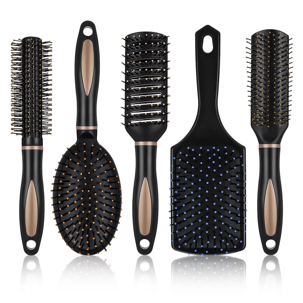 5 Pcs Paddle Hair Brush Comb Set,Detangling Hairbrush anti Static Massage Oval Comb Hair Styling Tools for Women Men Kid All Wet or Dry Hair(Black), Round