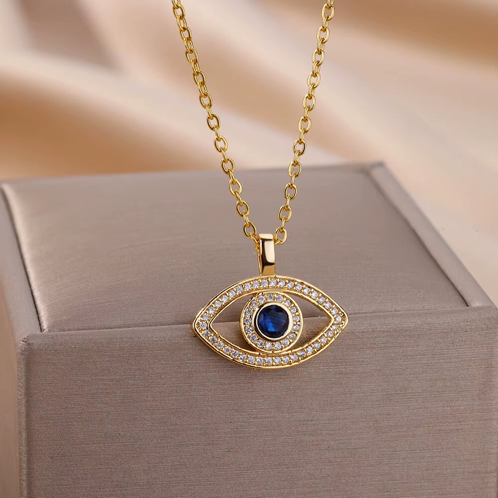Zircon Evil Eye Pendant Necklaces for Women Stainless Steel Gold Color Necklace 2024 Trend Aesthetic Lucky Turkish Jewerly Gift