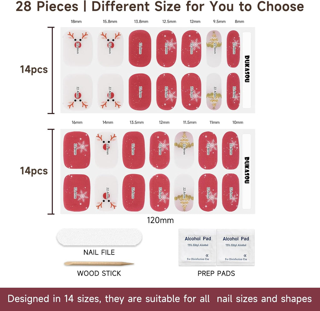 Semi Cured Gel Nail Strips, 28 Pcs Christmas Tree Snowflake Gel Nail Stickers Full Nail Wraps for Women, Long Lasting UV Light Needed, Winter Holiday