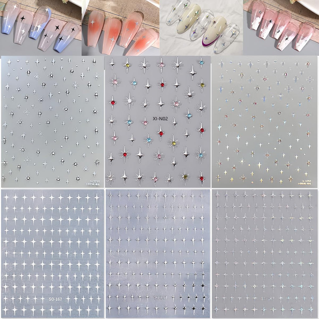 Shiny Crystal Star Nail Stickers for Nail Art, 6 Sheets Shiny White Silver Stars Nail Decals 3D Self-Adhesive Star Nail Designs Sticker Nail Tips DIY Manicure Decoration Supplies for Women and Girls