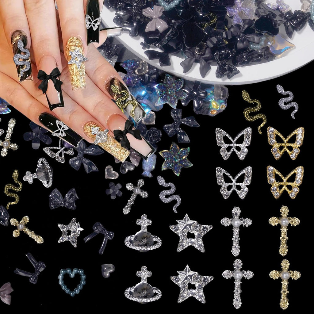 100Pcs Cross Nail Charms, Butterfly Planet Star Nail Gems Charms, Black 3D Assorted Butterfly Flower Bows Heart Nail Charms Assorted Nail Art Charms for Manicure DIY Craft Jewel Accessories