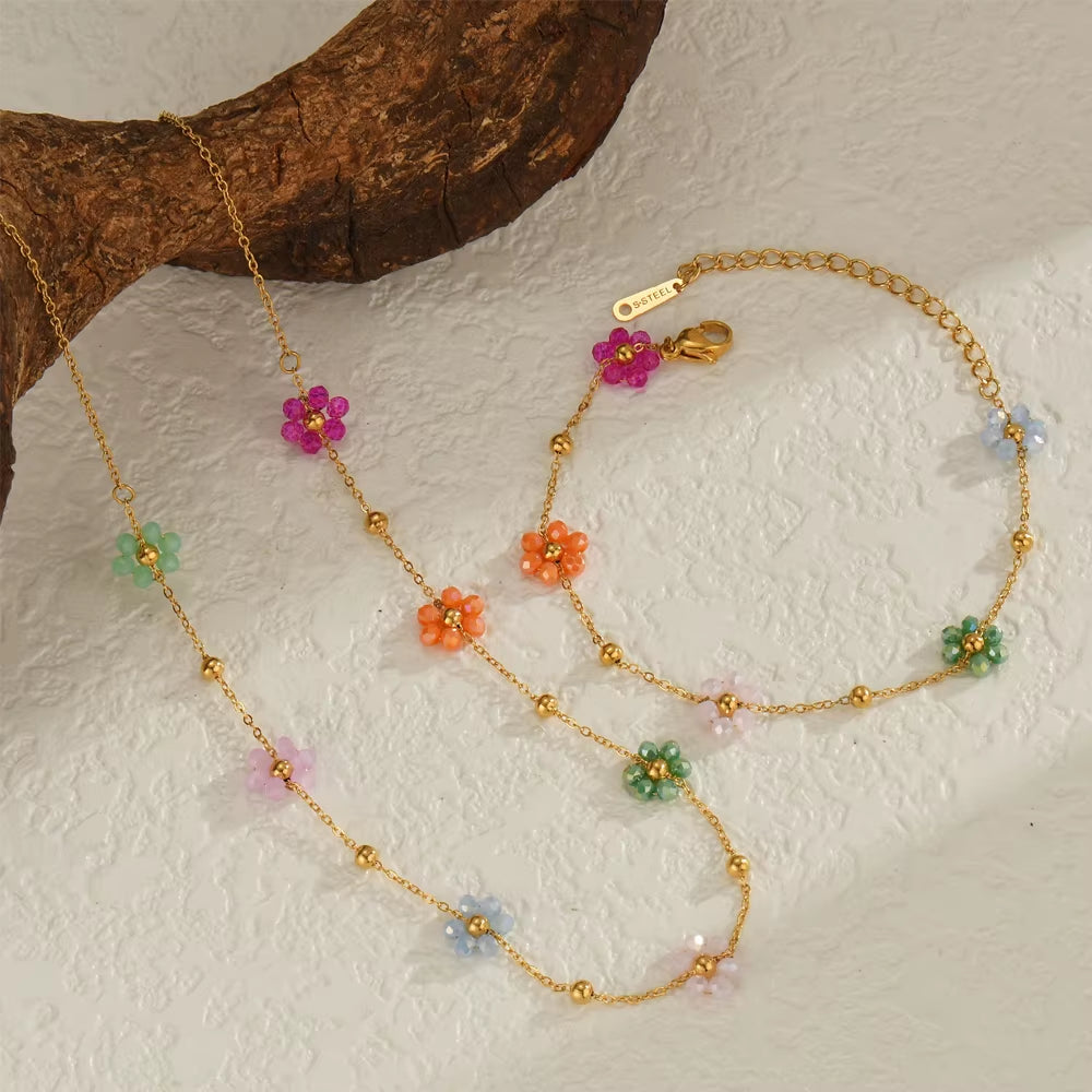 Sifisrri Vintage Color Flower Beads Chain Necklace Bracelet Jewerly Set for Women Stainless Steel Fashion Valentine'S Day Gift