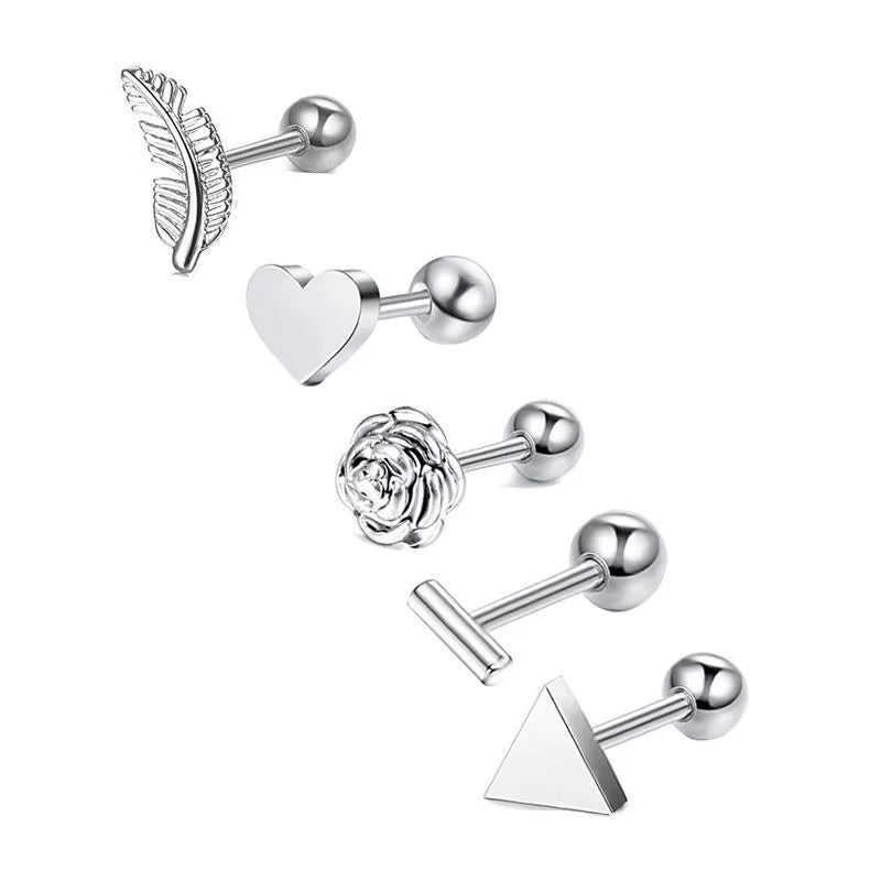 5PCS Heart Tragus Piercing Stud Earring Set Small Lobe Stud Earrings Cartilage Piercing Helix Jewelry Barbell Stud Piercing Lot