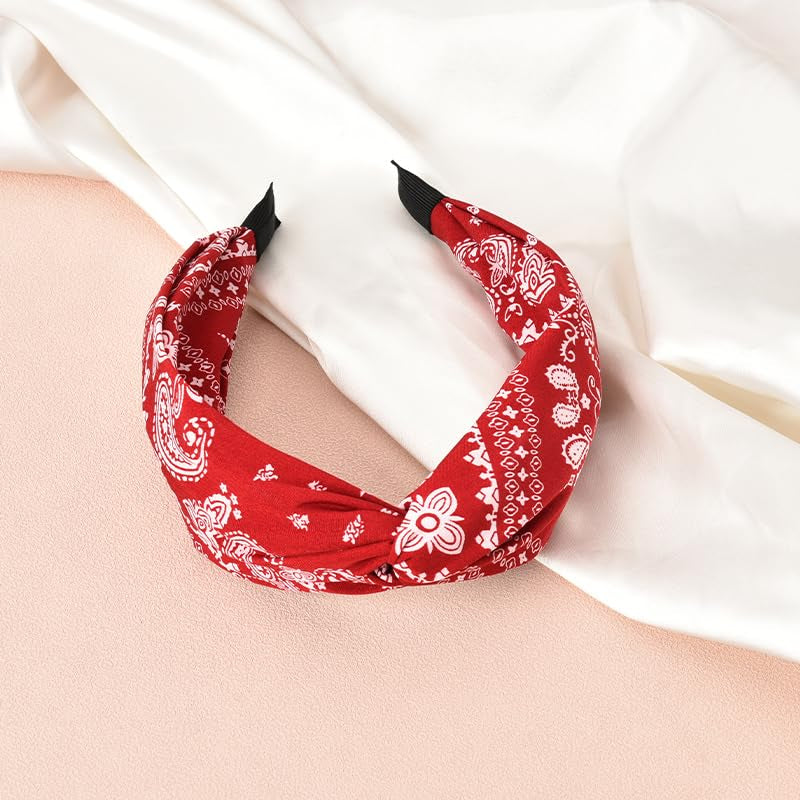 Red Bandana Headbands for Women - Paisley Print Wide Turban, Vintage Cross Twist Knot, Non-Slip Boho Hair Accessories