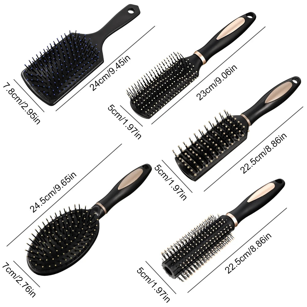 5 Pcs Paddle Hair Brush Comb Set,Detangling Hairbrush anti Static Massage Oval Comb Hair Styling Tools for Women Men Kid All Wet or Dry Hair(Black), Round