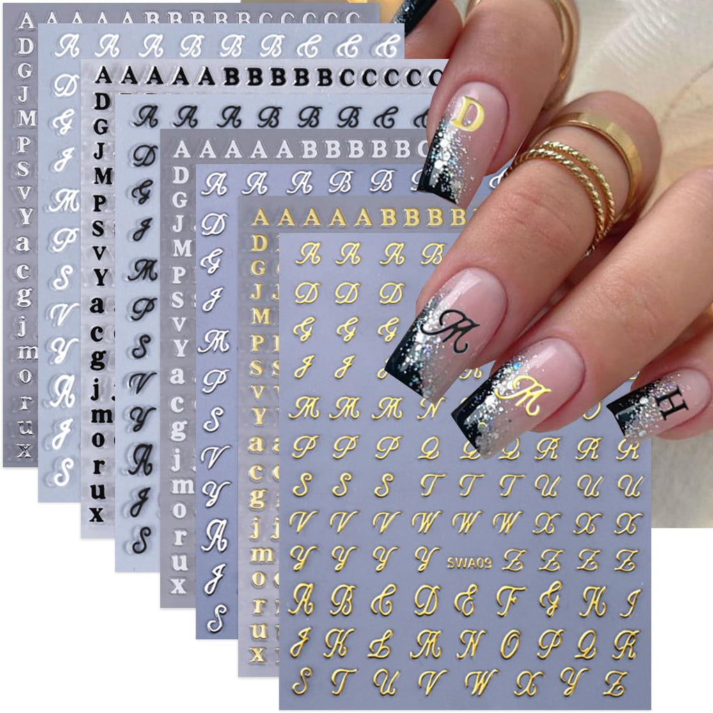 English Letters Nail Stickers for Nail Art, 8 Sheets English Letters Nail Decals with Retro Design, 3D Self-Adhesive Black White Gold Silver Letters Nail Art Sticker for DIY Nail Decoration Charms