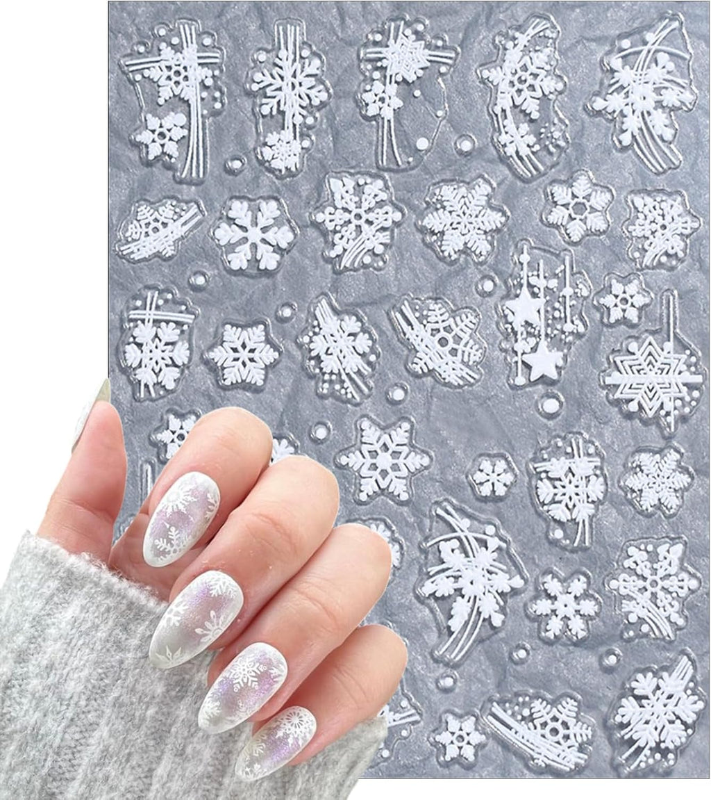 3 Sheets Christmas White Snowflake Nail Art Stickers 5D Embossed Blue Xmas Tree Nail Decals Xmas Winter French Snowflake Design Nail Stickers for Women and Girls DIY Christmas Nail Decoration