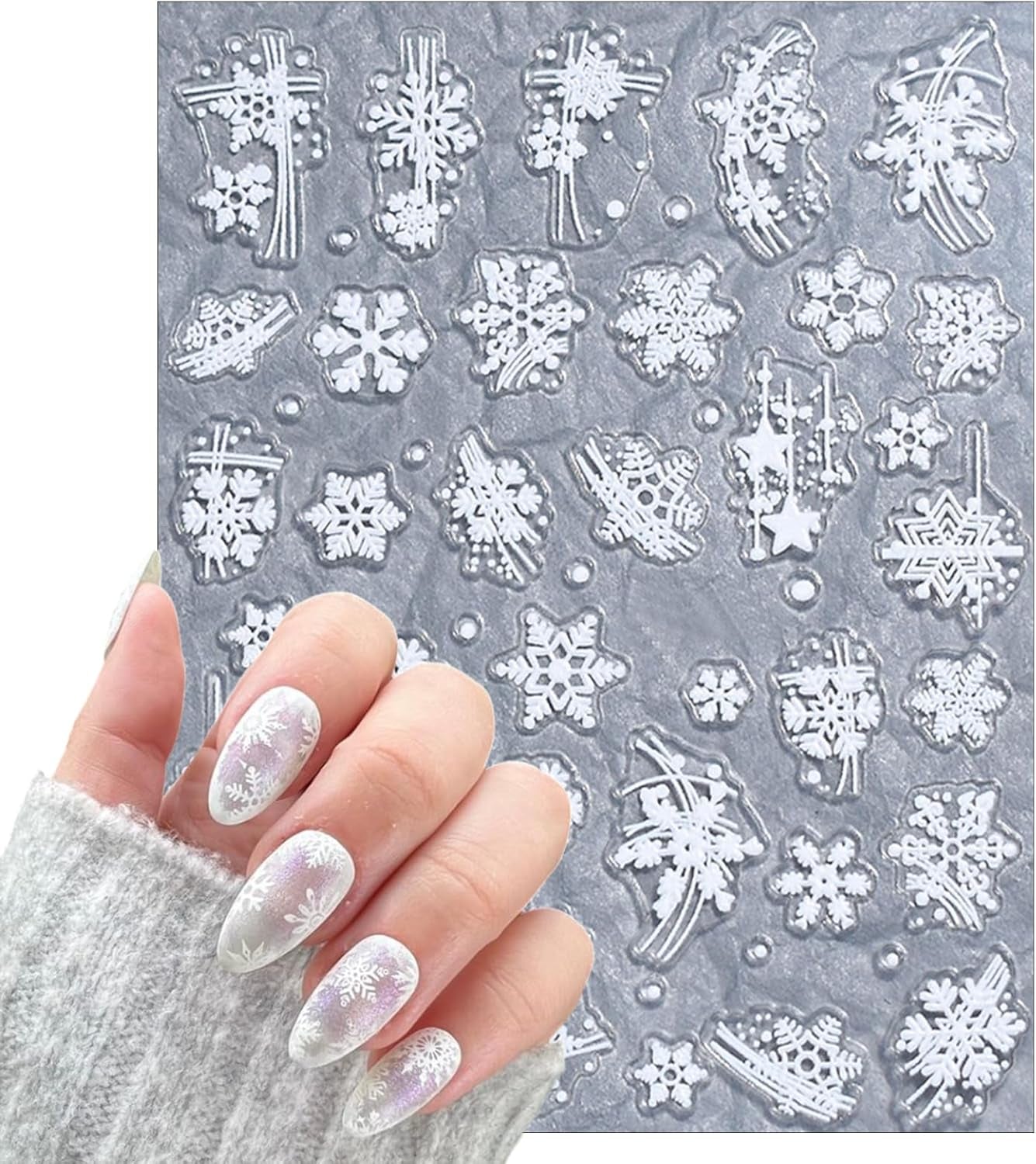 3 Sheets Christmas White Snowflake Nail Art Stickers 5D Embossed Blue Xmas Tree Nail Decals Xmas Winter French Snowflake Design Nail Stickers for Women and Girls DIY Christmas Nail Decoration
