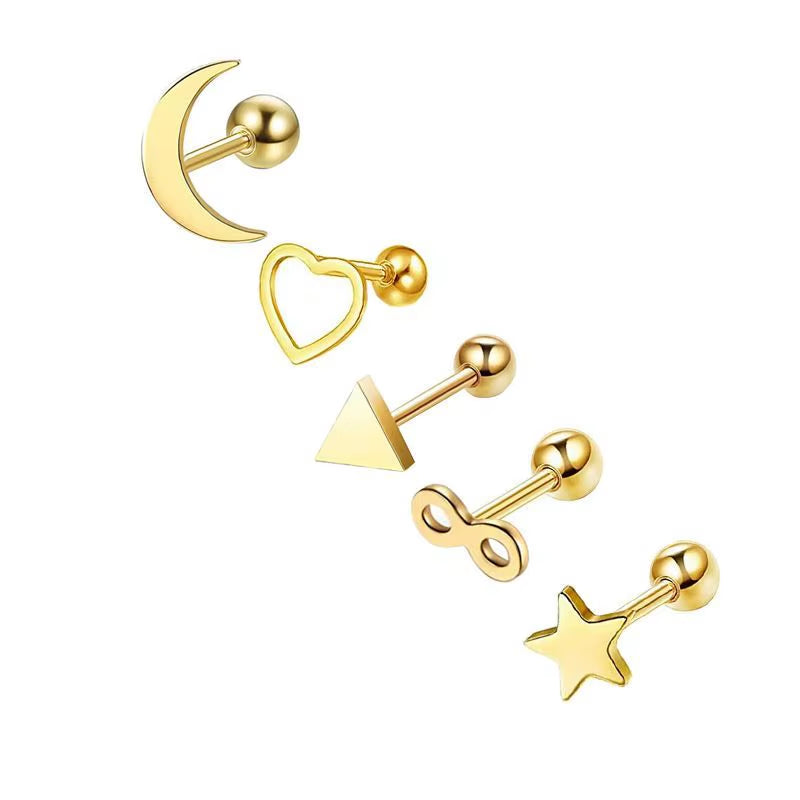 5PCS Heart Tragus Piercing Stud Earring Set Small Lobe Stud Earrings Cartilage Piercing Helix Jewelry Barbell Stud Piercing Lot