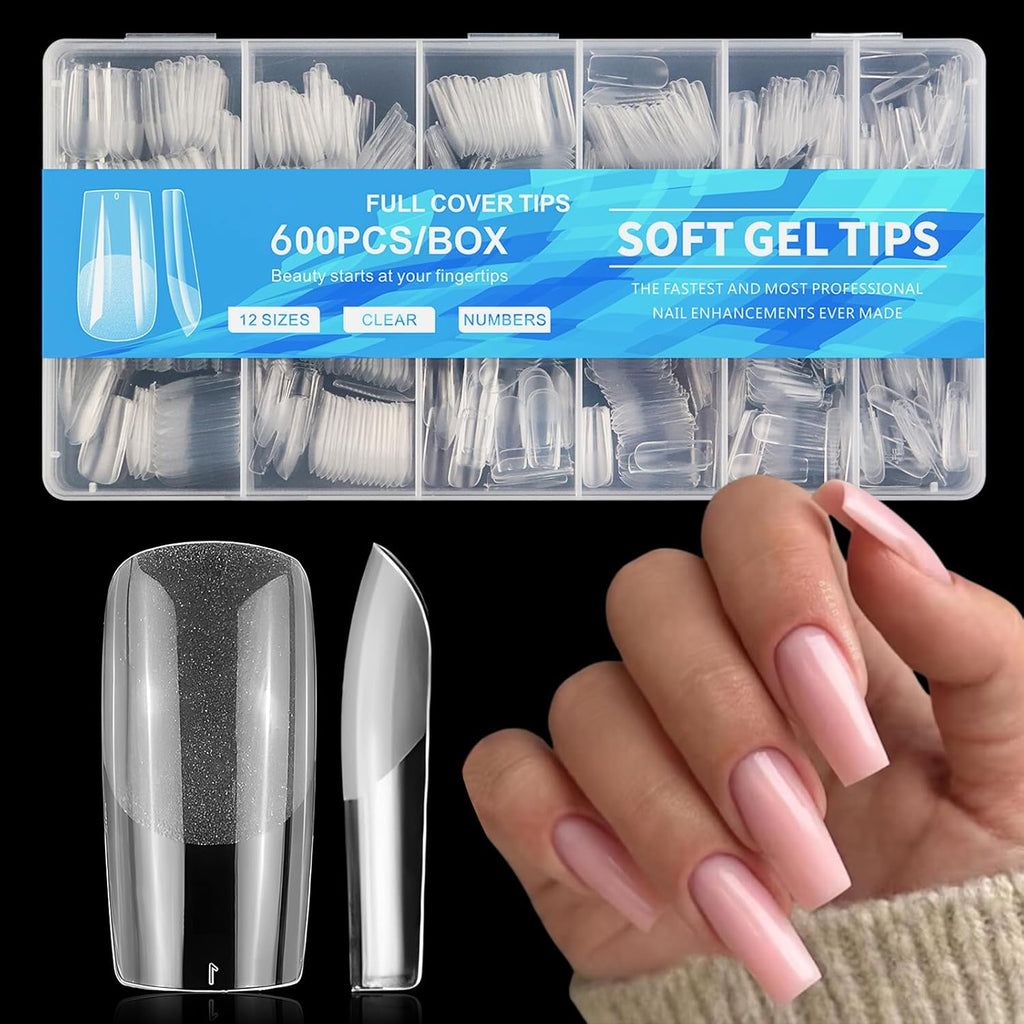 600Pcs Square Nail Tips, Medium Gel Nail Tips Square Clear Fake Nails Full Cover Acrylic Nails Tips for Nail Extensions Manicure Salon Home DIY