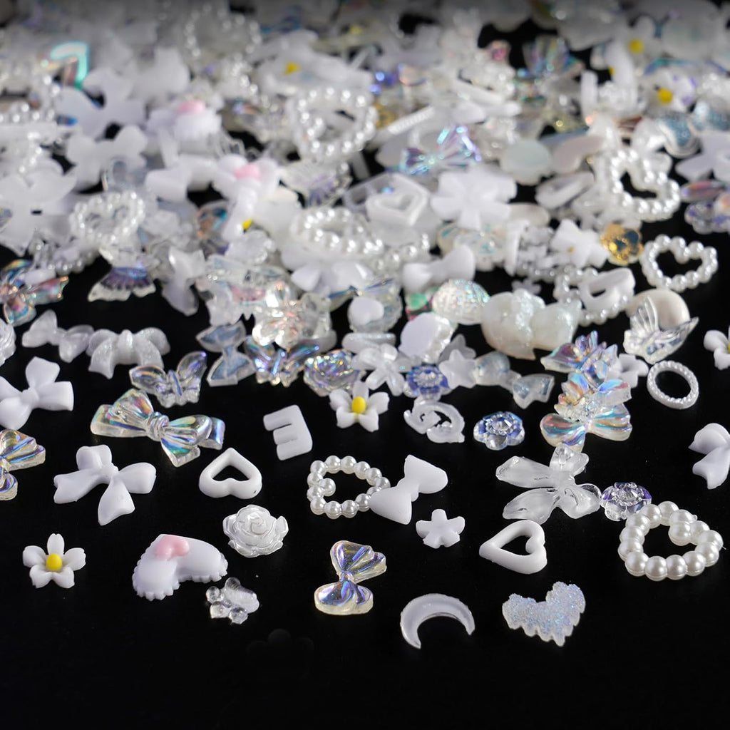 320Pcs White Butterfly Planet Heart Star Cross Nail Rhinestones Charms 3D Alloy Pearl Nail Charms Bow Flower Nail Charms for Manicure DIY Craft Jewel Accessories, Small