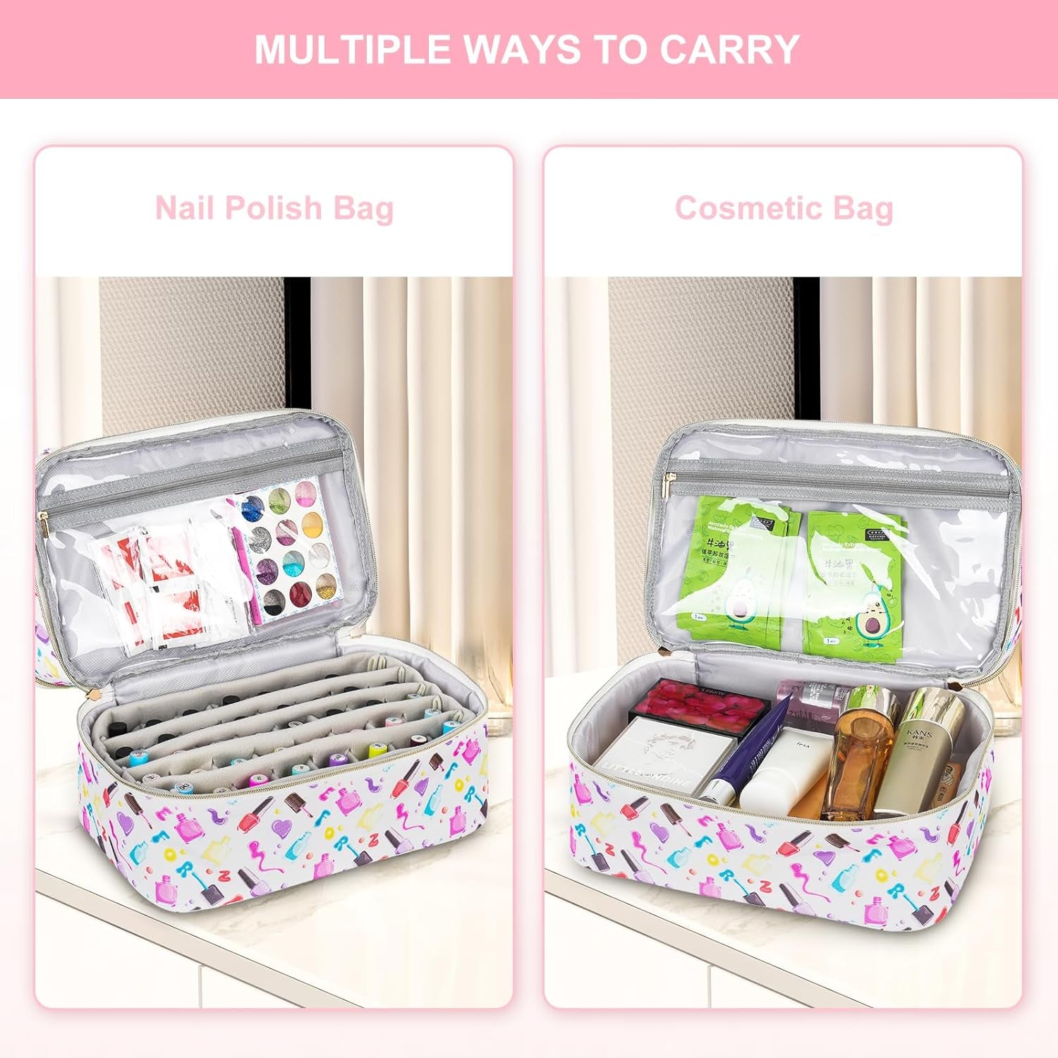 Nail Polish Organizer,Nail Organizers and Storage for Nail Tech,Nail Polish Carrying Case Bag Holds 40 Bottles and Nail Lamp,Portable Nail Polish Holder for Nail Supplies,Nail Polish Print Pattern