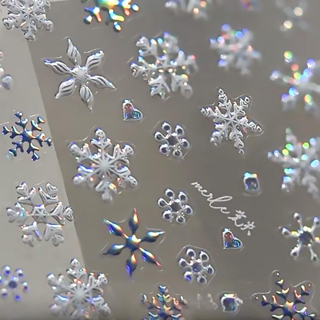 5D Embossed Christmas Laser Nail Stickers - Holographic Blue White Snowflake Self-Adhesive Decals for Winter Bronzing Nail Art Kit