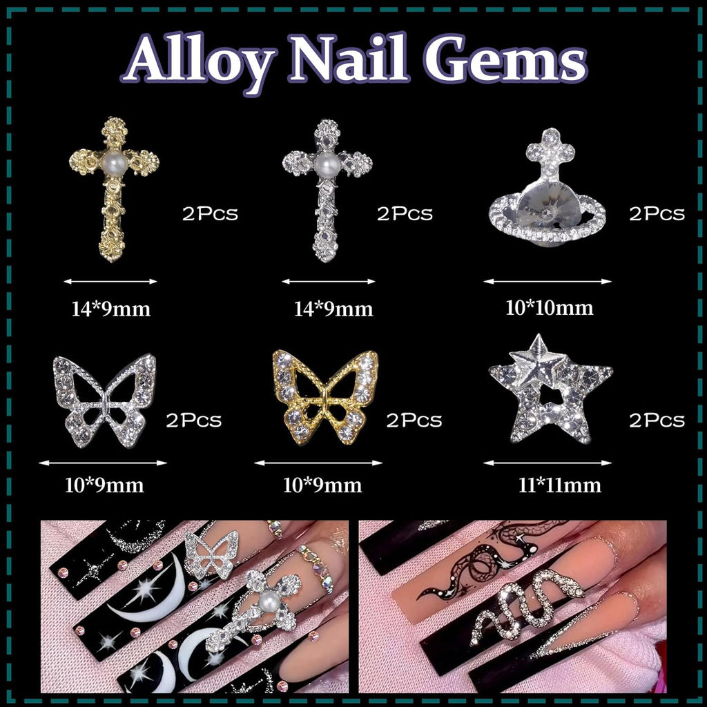 100Pcs Cross Nail Charms, Butterfly Planet Star Nail Gems Charms, Black 3D Assorted Butterfly Flower Bows Heart Nail Charms Assorted Nail Art Charms for Manicure DIY Craft Jewel Accessories