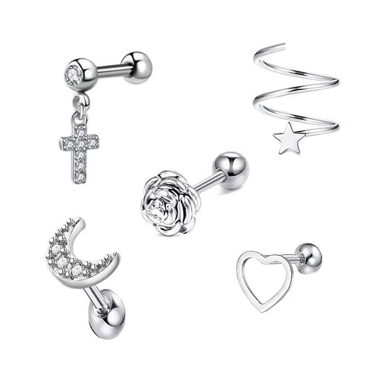 5PCS Heart Tragus Piercing Stud Earring Set Small Lobe Stud Earrings Cartilage Piercing Helix Jewelry Barbell Stud Piercing Lot
