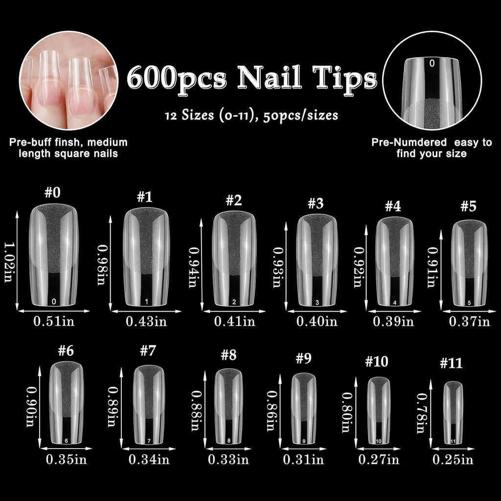 600Pcs Square Nail Tips, Medium Gel Nail Tips Square Clear Fake Nails Full Cover Acrylic Nails Tips for Nail Extensions Manicure Salon Home DIY