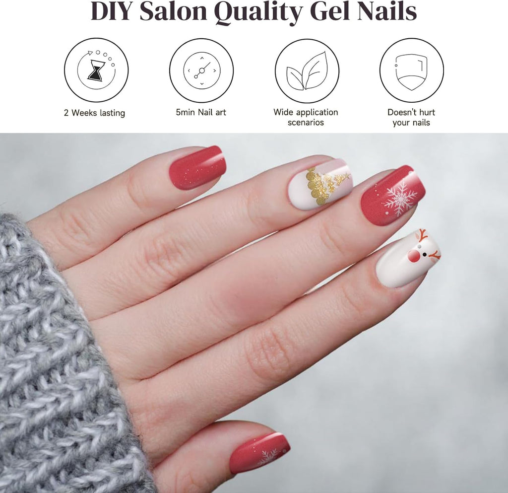 Semi Cured Gel Nail Strips, 28 Pcs Christmas Tree Snowflake Gel Nail Stickers Full Nail Wraps for Women, Long Lasting UV Light Needed, Winter Holiday