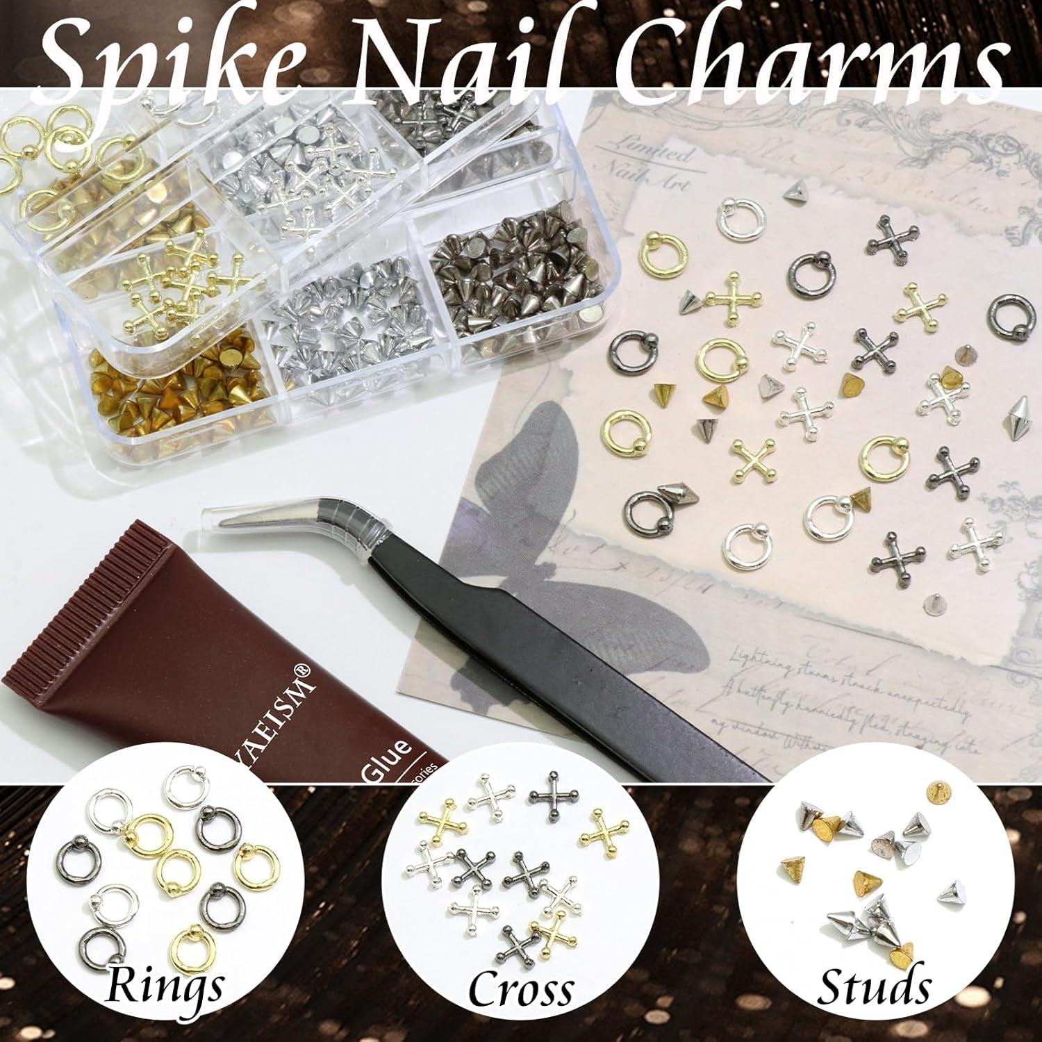 Punk Nail Charms Kits Vintage Nail Art Studs 3 Colors Nail Spikes Alloy Cross Nail Charms Gothic Nail Rivets with Glue Gel,Tweezer for Nail Art and DIY Crafts Decoration