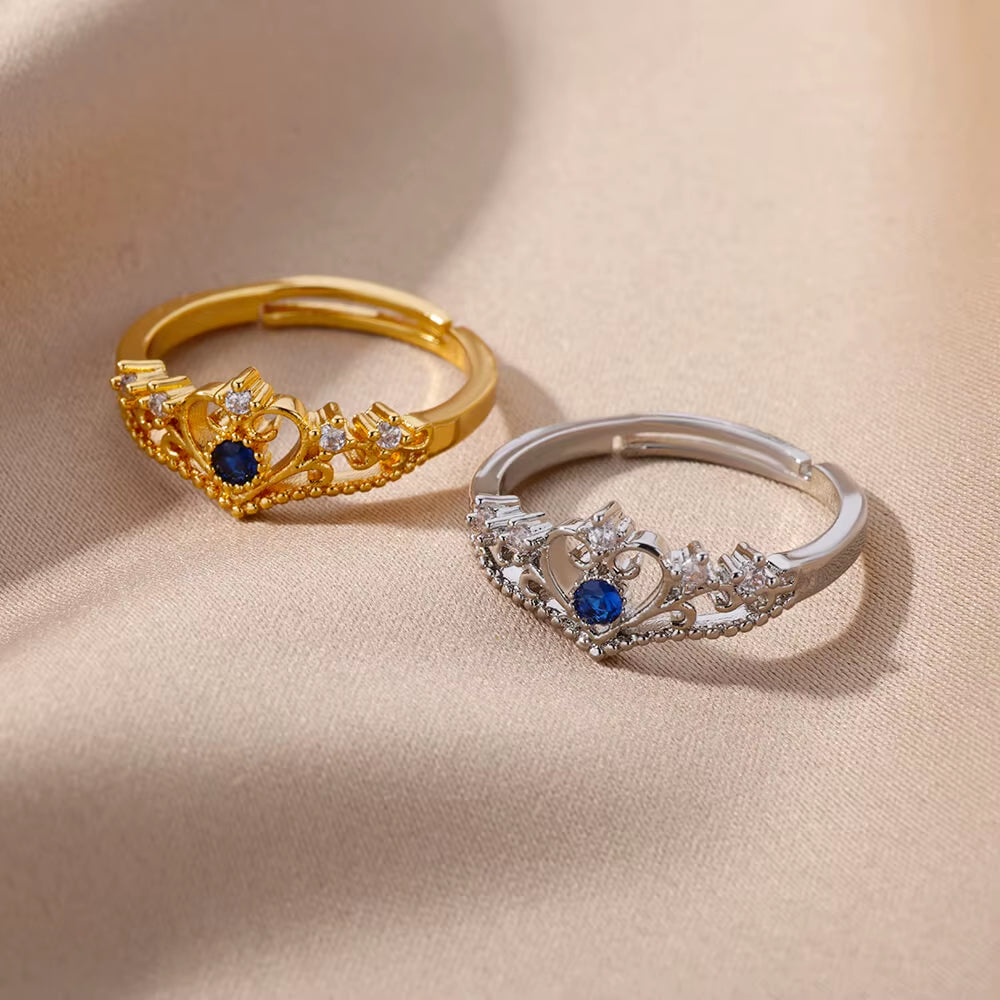 Blue Zircon Crown Rings for Women Stainless Steel Gold Color Adjustable Crown Ring 2025 Trend Design Female Wedding Jewerly Gift