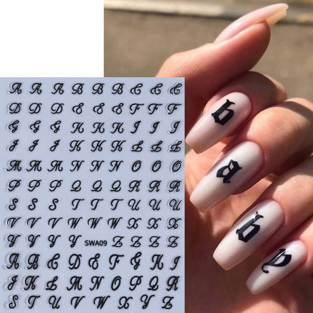 English Letters Nail Stickers for Nail Art, 8 Sheets English Letters Nail Decals with Retro Design, 3D Self-Adhesive Black White Gold Silver Letters Nail Art Sticker for DIY Nail Decoration Charms