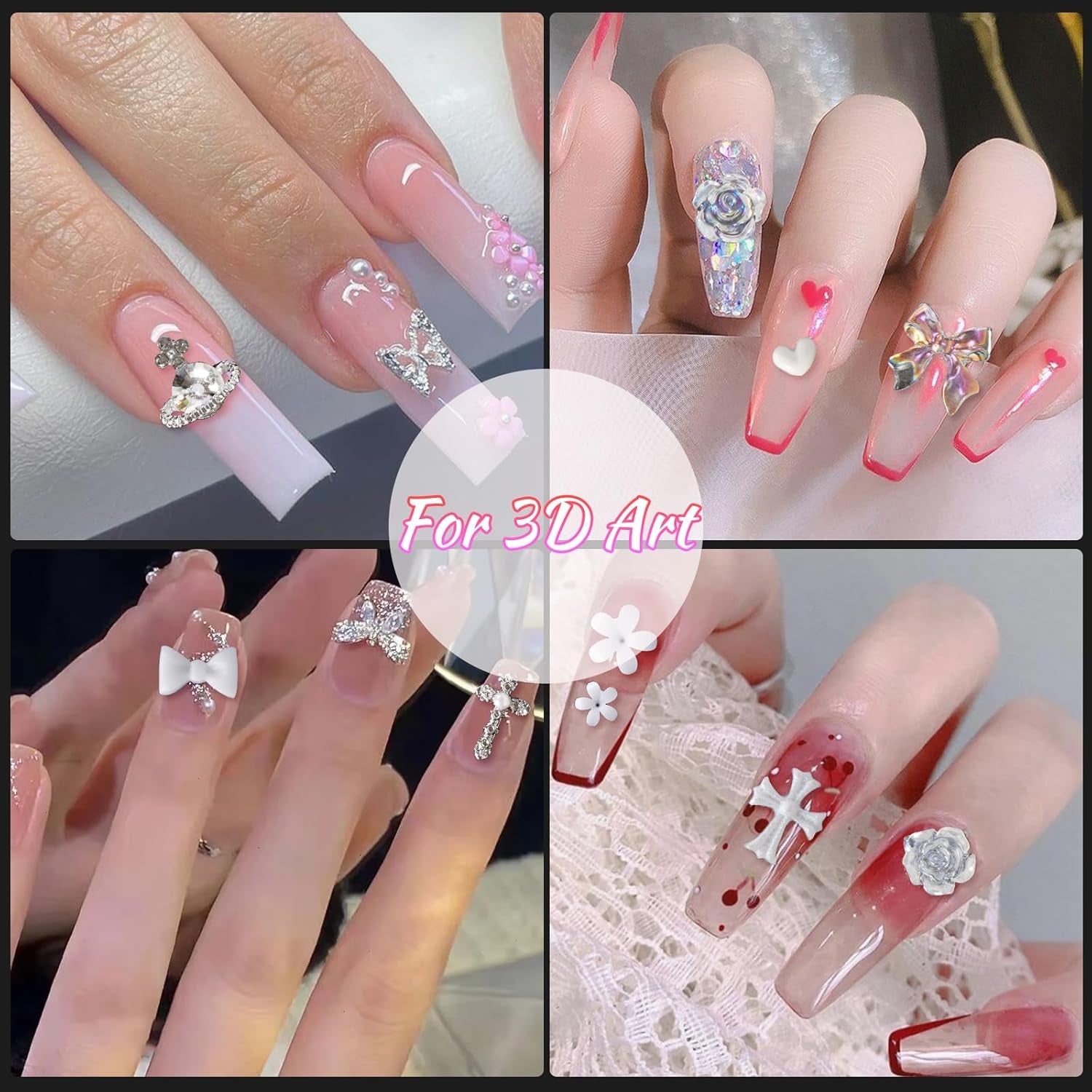 320Pcs White Butterfly Planet Heart Star Cross Nail Rhinestones Charms 3D Alloy Pearl Nail Charms Bow Flower Nail Charms for Manicure DIY Craft Jewel Accessories, Small