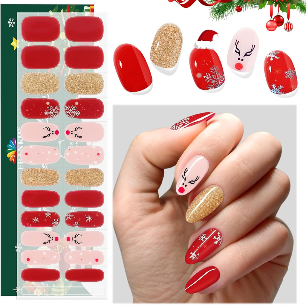 Christmas UV Gel Nail Art Stickers - 24PCS Semi Cured Nail Strips with Red Glitter, Elk Design, Nail File and Stick for Holiday Manicure