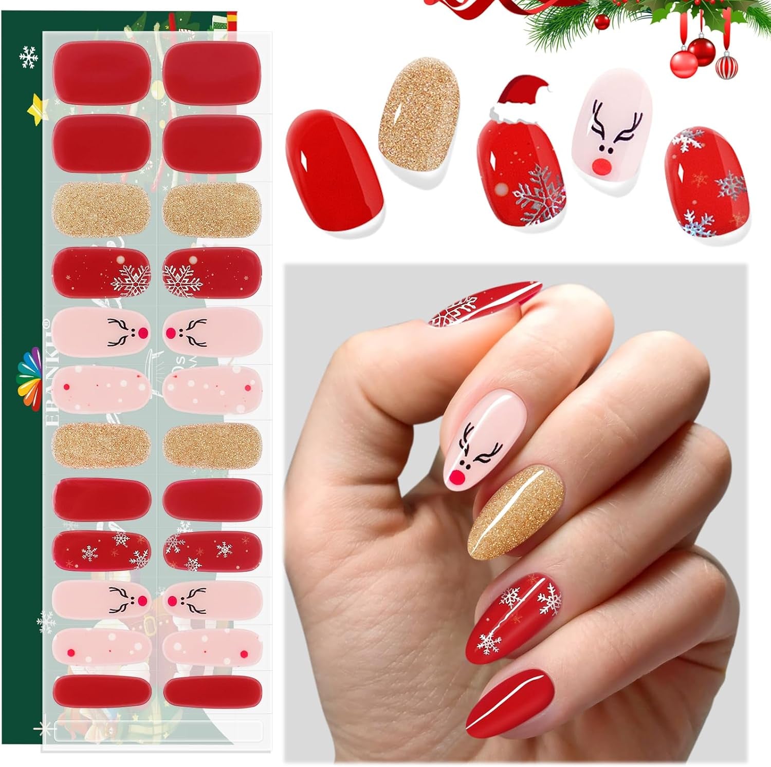 Christmas UV Gel Nail Art Stickers - 24PCS Semi Cured Nail Strips with Red Glitter, Elk Design, Nail File and Stick for Holiday Manicure