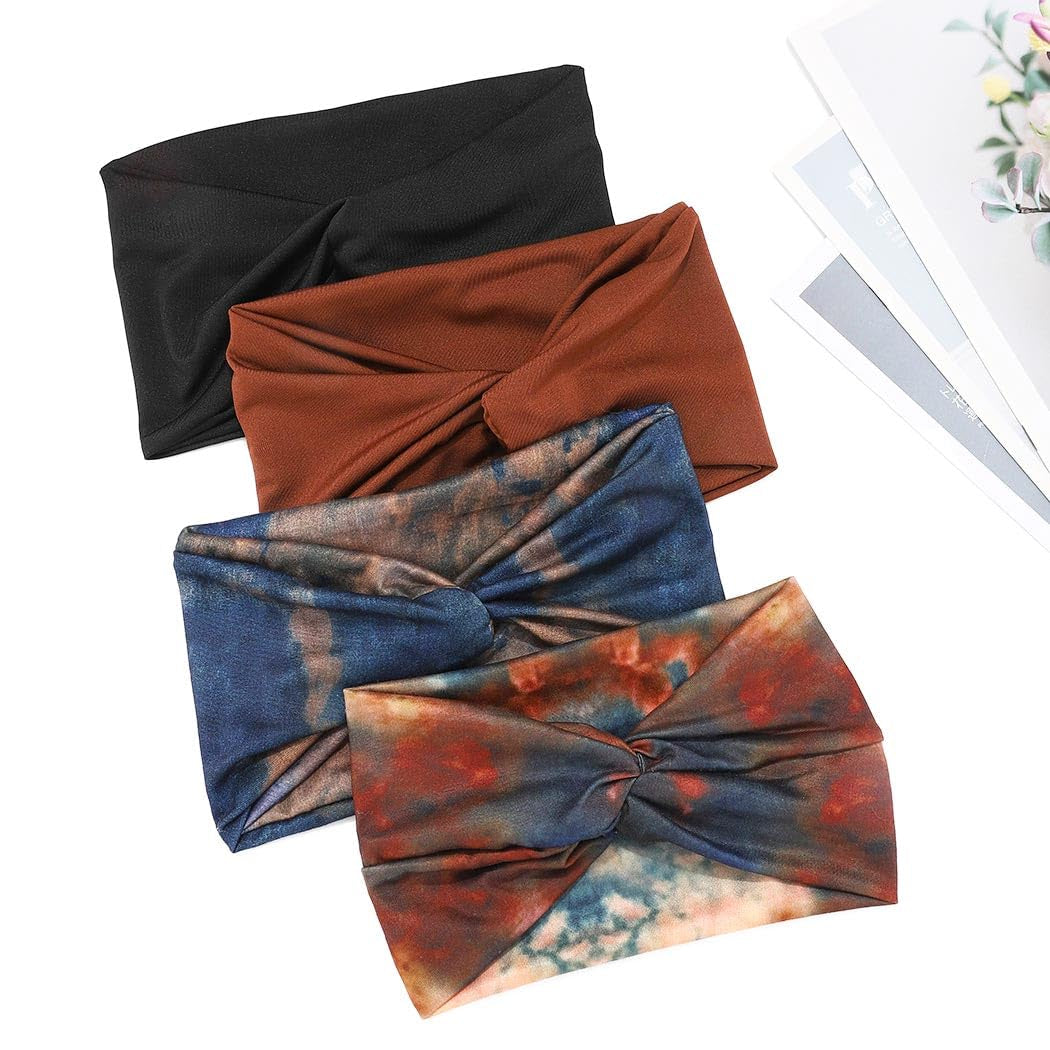 Tie-Dye Headbands for Women Black Boho Wide Headband Stretchy African Head Wraps Hair Bands Hair Accessories Park of 4