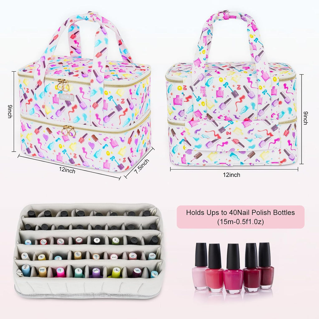 Nail Polish Organizer,Nail Organizers and Storage for Nail Tech,Nail Polish Carrying Case Bag Holds 40 Bottles and Nail Lamp,Portable Nail Polish Holder for Nail Supplies,Nail Polish Print Pattern