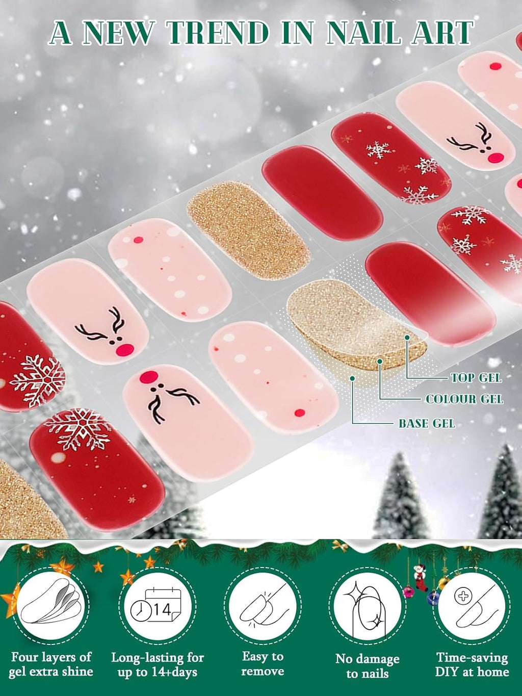 Christmas UV Gel Nail Art Stickers - 24PCS Semi Cured Nail Strips with Red Glitter, Elk Design, Nail File and Stick for Holiday Manicure