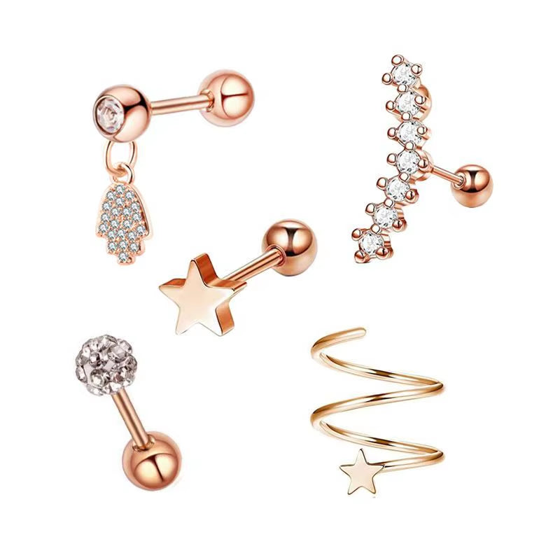 5PCS Heart Tragus Piercing Stud Earring Set Small Lobe Stud Earrings Cartilage Piercing Helix Jewelry Barbell Stud Piercing Lot