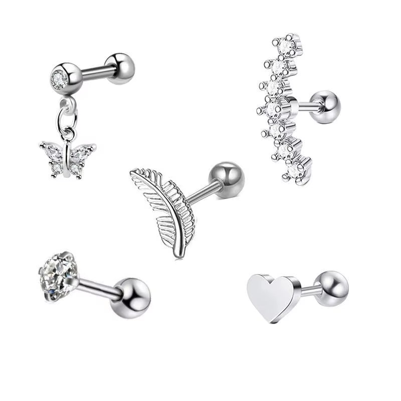 5PCS Heart Tragus Piercing Stud Earring Set Small Lobe Stud Earrings Cartilage Piercing Helix Jewelry Barbell Stud Piercing Lot