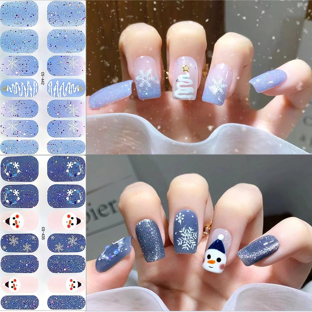 6 Sheets Christmas Nail Wraps Gel Nail Stickers 3D Christmas Nail Polish Strips Winter Xmas Tree Santa Claus Reindeer Designs Gel Nail Strips White Glitter Snowflake Full Warps for Women Holiday Decor