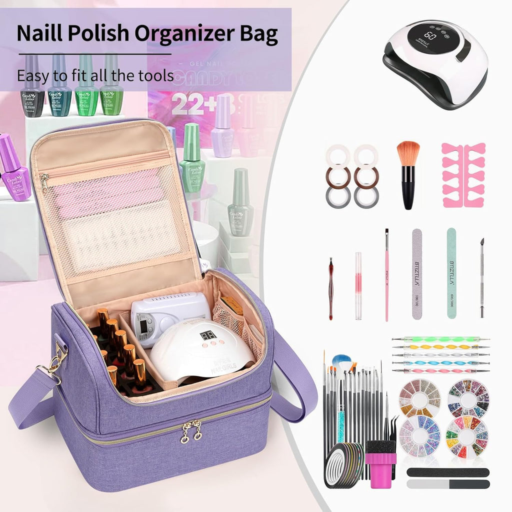 Nail Polish Organizer Case, Nail Supplies Storage Box Holds 45 Bottles Nail Polish & Nail Lamp, Travel Nail Tech Carrying Case, Nail Kit Bag for Nail Stuff & Manicure Tools