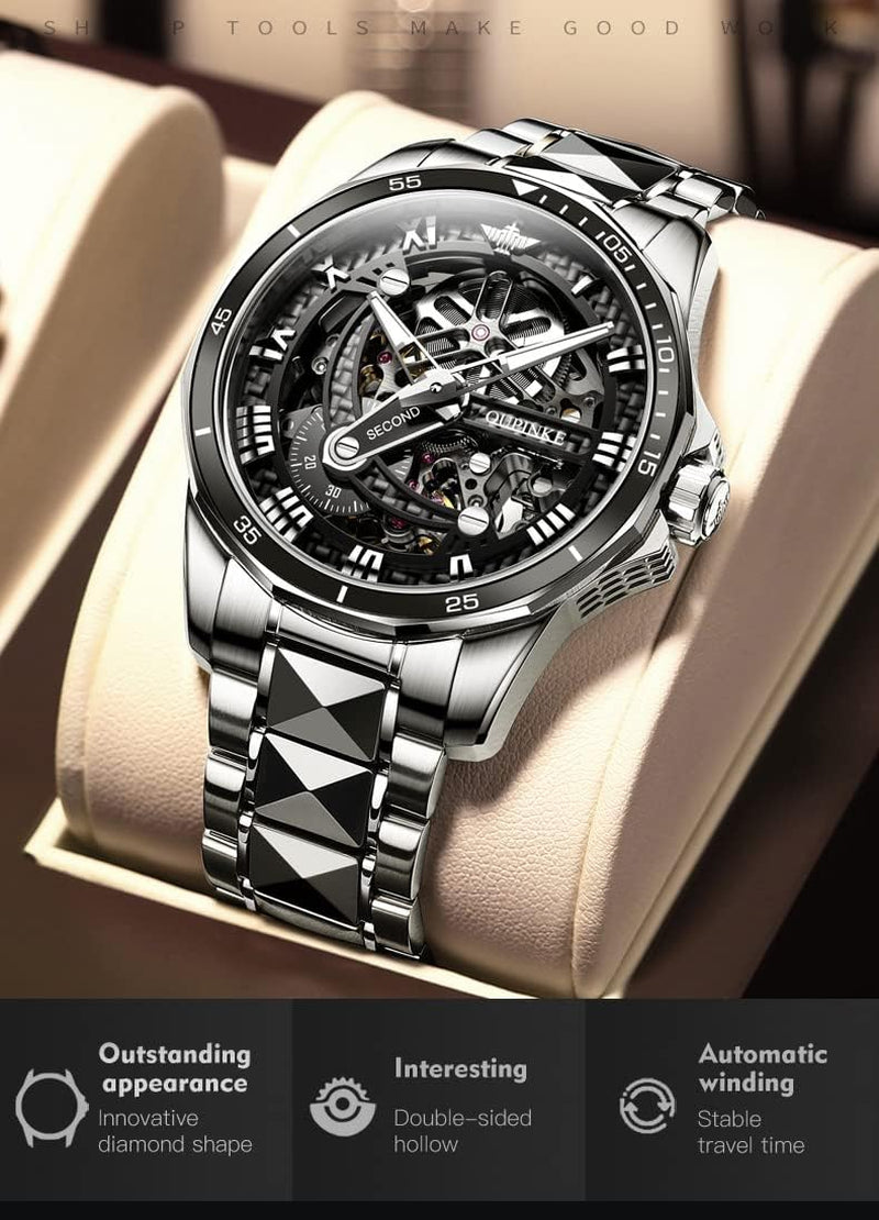 Mens Watches Skeleton Mechanical Black Watches for Men Automatic Luxury Tungsten Steel Sapphire Crystal Waterproof Luminous