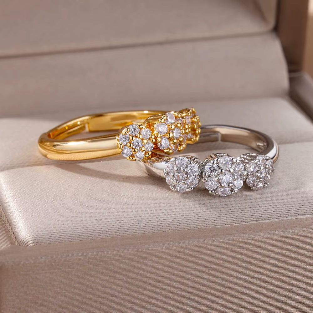 Zircon Flower Shaped Rings for Women Stainless Steel Open Ring Fashion Korean New Wedding Jewerly Gift