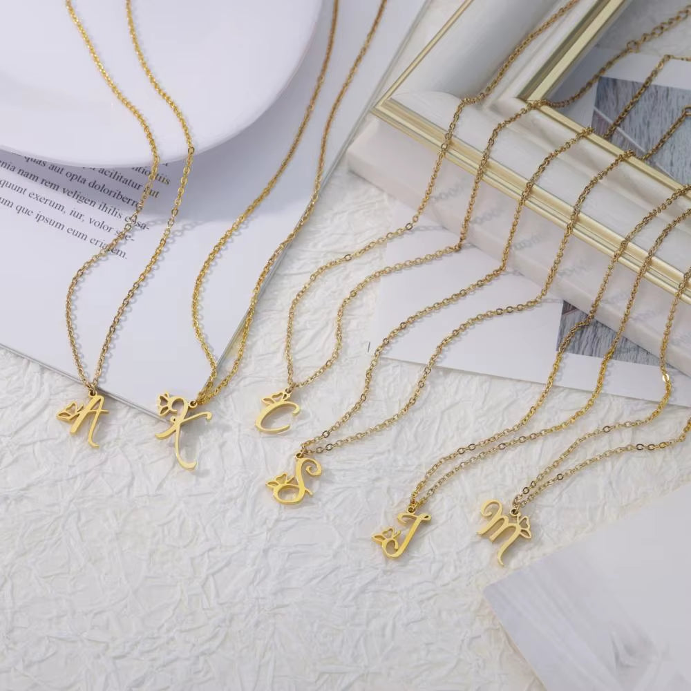 Tiny Initial Letter Necklace for Women Gold Color Stainless Steel Necklaces Name Alphabet Lucky Jewerly Vintage Accessories Gift