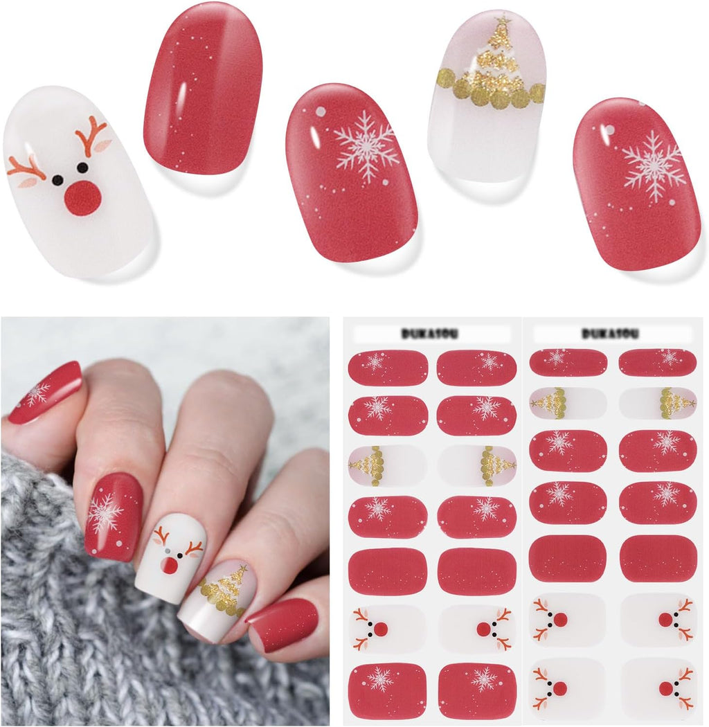 Semi Cured Gel Nail Strips, 28 Pcs Christmas Tree Snowflake Gel Nail Stickers Full Nail Wraps for Women, Long Lasting UV Light Needed, Winter Holiday