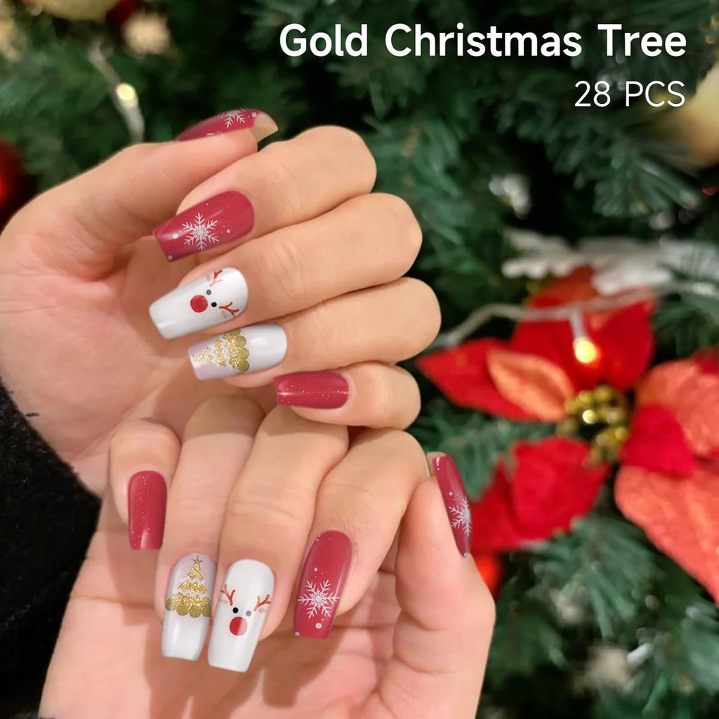 Semi Cured Gel Nail Strips, 28 Pcs Christmas Tree Snowflake Gel Nail Stickers Full Nail Wraps for Women, Long Lasting UV Light Needed, Winter Holiday