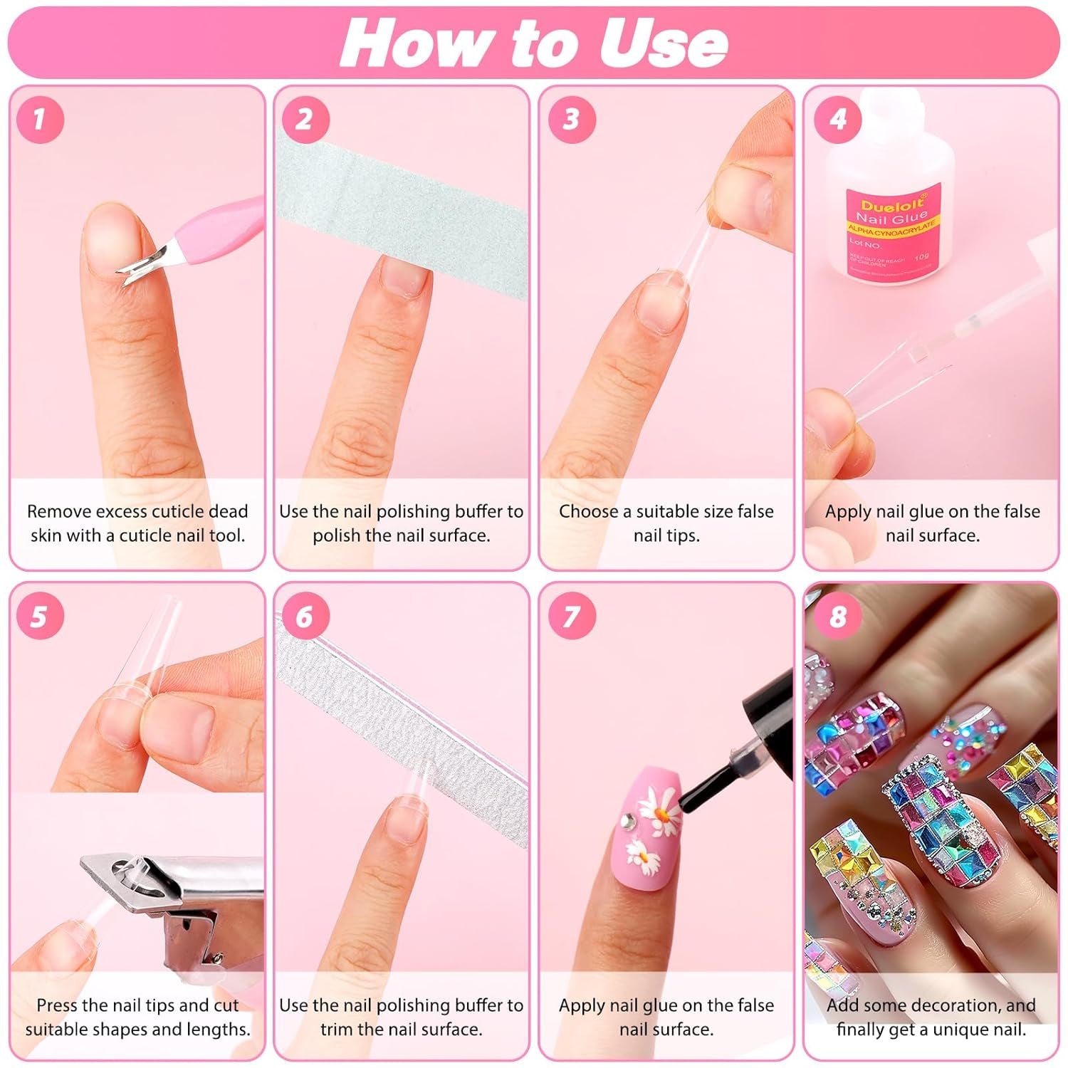 600PCS Clear Coffin Nail Tips Set - Clear Nail Tips for Acrylic Nails French Half Cover Fake Nail Tips Kit with Nail Glue, Nail Display Stand, Clipper, Cuticle Pusher Remover, Nail File and Buffer